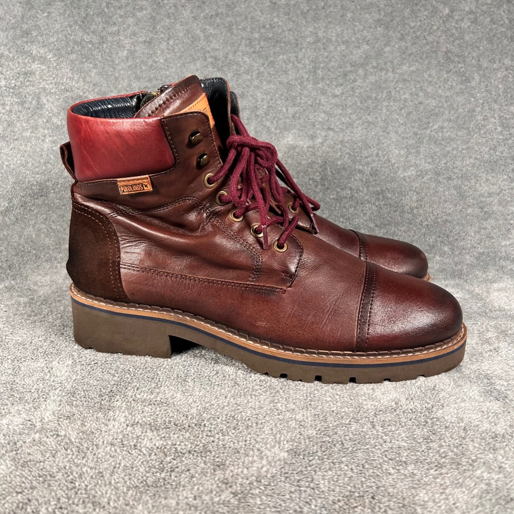 Pikolinos York Boots Brown Cognac Leather Burgundy Red Side Zip Mens 8 EU 41